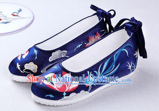 Chinese Handmade Opera Embroidered Lotus Goldfish Royalblue Shoes Traditional Hanfu Shoes National Shoes for Women