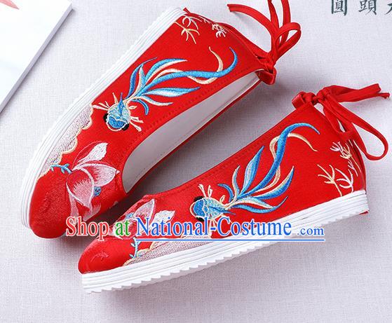 Chinese Handmade Opera Embroidered Lotus Goldfish Red Shoes Traditional Hanfu Shoes National Shoes for Women