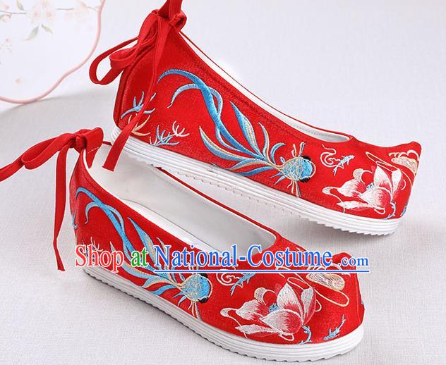 Chinese Handmade Opera Embroidered Lotus Goldfish Red Bow Shoes Traditional Hanfu Shoes National Shoes for Women