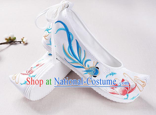 Chinese Handmade Opera Embroidered Lotus Goldfish White Bow Shoes Traditional Hanfu Shoes National Shoes for Women