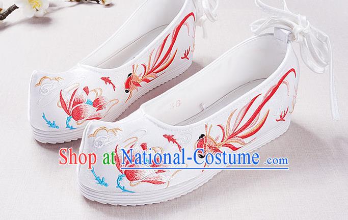 Chinese Handmade Opera Embroidered Lotus Red Goldfish Bow Shoes Traditional Hanfu Shoes National Shoes for Women