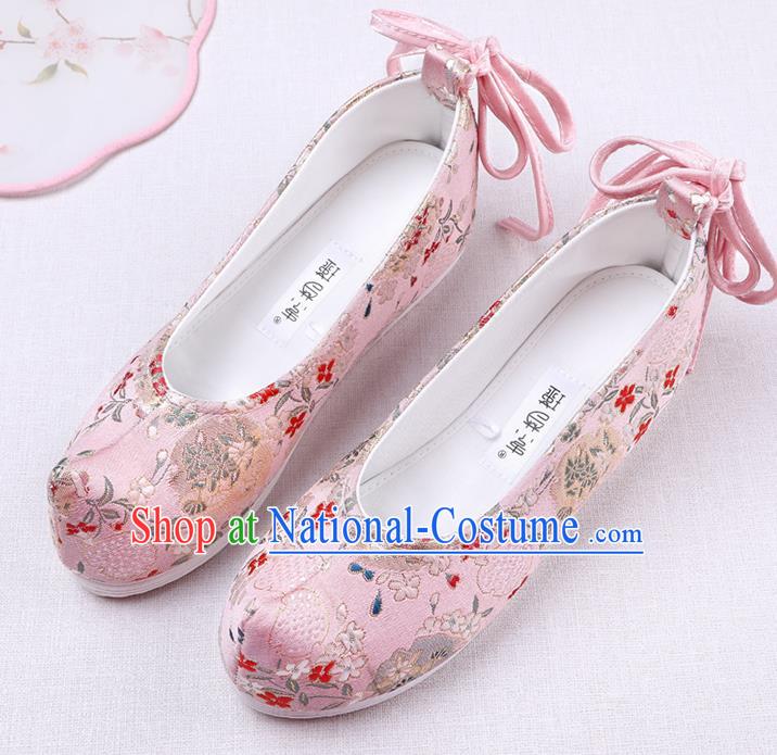 Chinese Handmade Opera Embroidered Pink Brocade Bow Shoes Traditional Hanfu Shoes National Shoes for Women