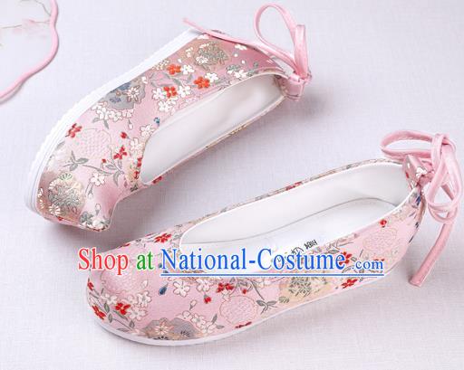 Chinese Handmade Opera Embroidered Pink Brocade Bow Shoes Traditional Hanfu Shoes National Shoes for Women