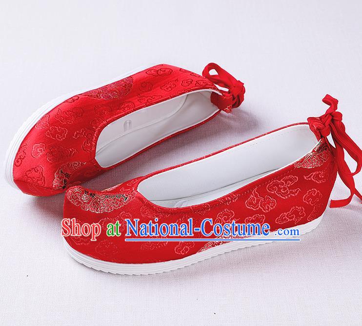 Chinese Handmade Opera Wedding Red Brocade Bow Shoes Traditional Hanfu Shoes National Shoes for Women