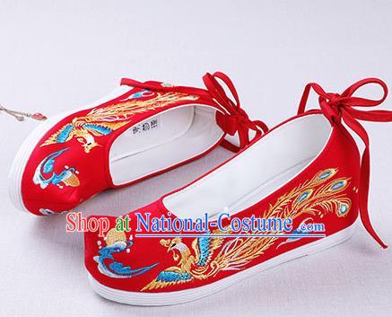 Chinese Handmade Embroidered Phoenix Red Opera Shoes Traditional Hanfu Shoes National Shoes for Women