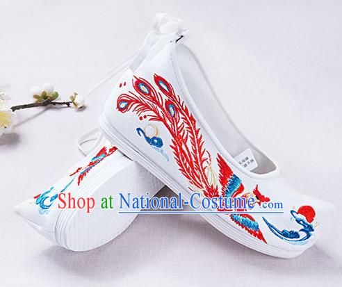 Chinese Handmade Embroidered Phoenix White Opera Shoes Traditional Hanfu Shoes National Shoes for Women