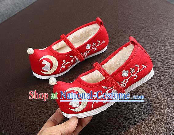 Chinese Handmade Embroidered Old Beijing Red Shoes Traditional Hanfu Shoes National Shoes for Kids