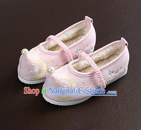 Chinese Handmade Embroidered Old Beijing Pink Shoes Traditional Hanfu Shoes National Shoes for Kids