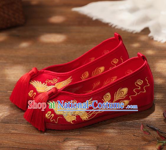 Chinese Handmade Embroidered Golden Phoenix Red Shoes Traditional Hanfu Shoes National Shoes for Kids