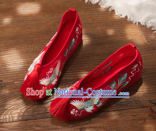 Chinese Handmade Embroidered Phoenix Red Shoes Traditional Hanfu Shoes National Shoes for Kids