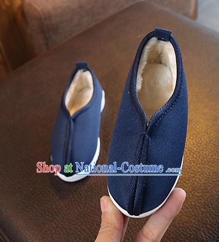 Chinese Handmade Navy Linen Shoes Traditional Monk Shoes National Shoes for Kids