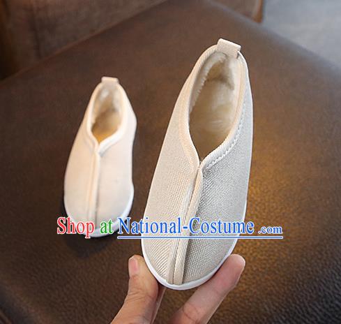 Chinese Handmade Beige Linen Shoes Traditional Monk Shoes National Shoes for Kids