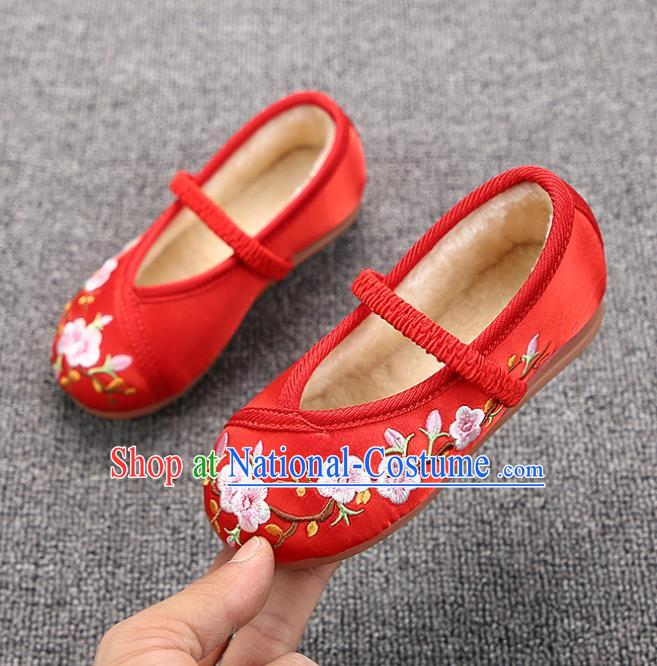 Chinese Handmade Embroidered Red Satin Shoes Traditional Hanfu Shoes National Shoes for Kids