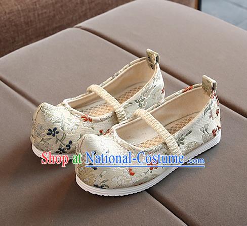 Chinese Handmade White Brocade Shoes Traditional Hanfu Shoes National Shoes for Kids