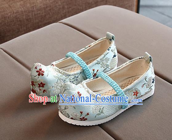 Chinese Handmade Blue Brocade Shoes Traditional Hanfu Shoes National Shoes for Kids