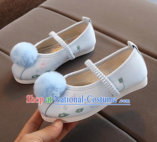 Chinese Handmade Light Blue Embroidered Shoes Traditional New Year Hanfu Shoes National Shoes for Kids