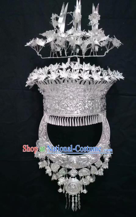 Chinese Traditional Handmade Miao Nationality Phoenix Coronet and Necklace Ethnic Wedding Hair Accessories for Women