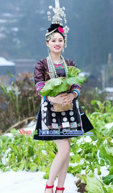 Chinese Traditional Miao Nationality Embroidered Costume Ethnic Folk Dance Brown Dress for Women