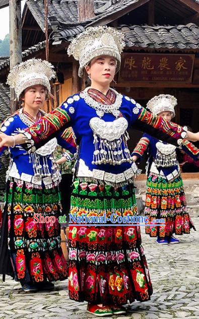 Chinese Traditional Miao Nationality Embroidered Costume Ethnic Folk Dance Dress and Hat for Women