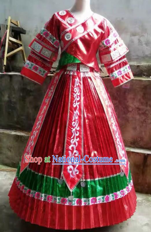 Chinese Traditional Miao Nationality Embroidered Costume Ethnic Folk Dance Red Dress for Women