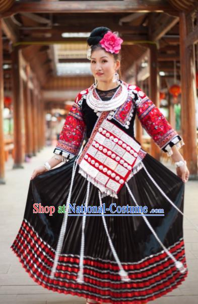 Chinese Traditional Miao Nationality Embroidered Costume Ethnic Folk Dance Black Dress for Women