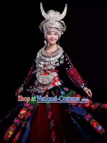 Chinese Traditional Miao Nationality Embroidered Dress Ethnic Folk Dance Costume for Women