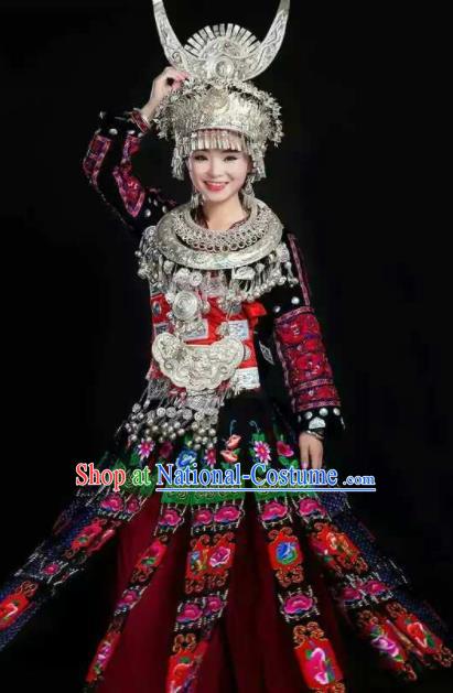 Chinese Traditional Miao Nationality Embroidered Dress Ethnic Folk Dance Costume for Women