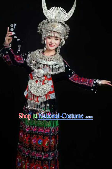 Chinese Traditional Miao Nationality Embroidered Dress Ethnic Folk Dance Costume for Women