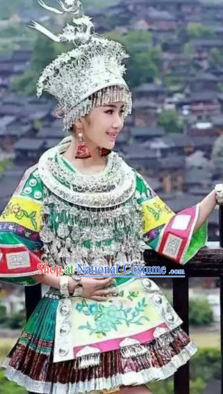 Chinese Traditional Miao Nationality Embroidered Green Dress Ethnic Folk Dance Costume and Headwear for Women