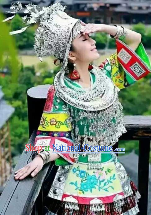 Chinese Traditional Miao Nationality Embroidered Green Dress Ethnic Folk Dance Costume and Headwear for Women