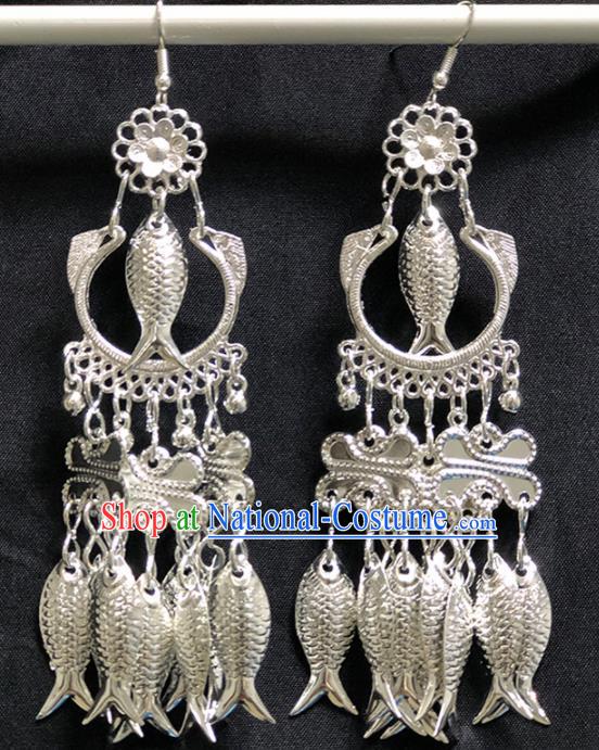 Chinese Handmade Traditional Miao Nationality Silver Fishes Tassel Earrings Ethnic Wedding Bride Accessories for Women