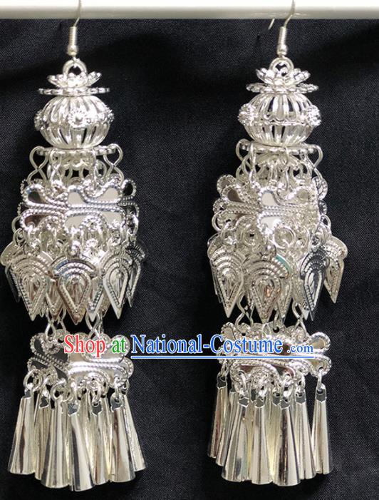 Chinese Handmade Traditional Miao Nationality Silver Tassel Earrings Ethnic Wedding Bride Accessories for Women