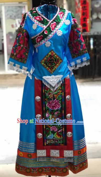 Chinese Traditional Miao Nationality Bride Embroidered Blue Dress Ethnic Folk Dance Costume for Women