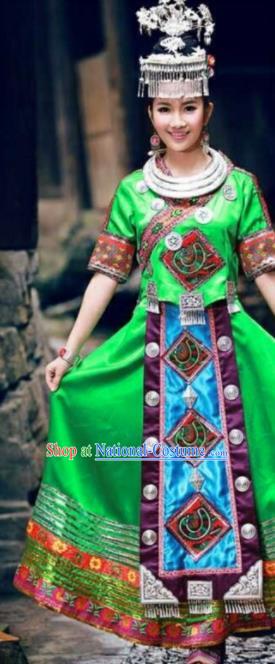 Chinese Traditional Miao Nationality Bride Embroidered Green Dress Ethnic Folk Dance Costume for Women