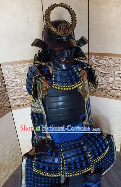 Japanese Handmade Traditional Samurai Blue Body Armor and Helmet Ancient Warrior Costumes for Men