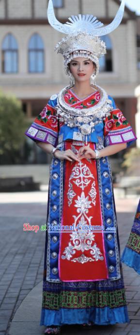 Chinese Traditional Miao Nationality Embroidered Royalblue Dress and Headpiece Ethnic Folk Dance Costume for Women