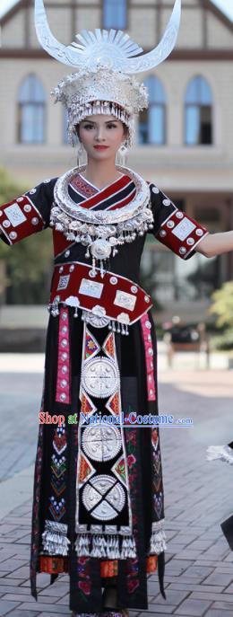 Chinese Traditional Miao Nationality Embroidered Black Dress and Headpiece Ethnic Folk Dance Costume for Women