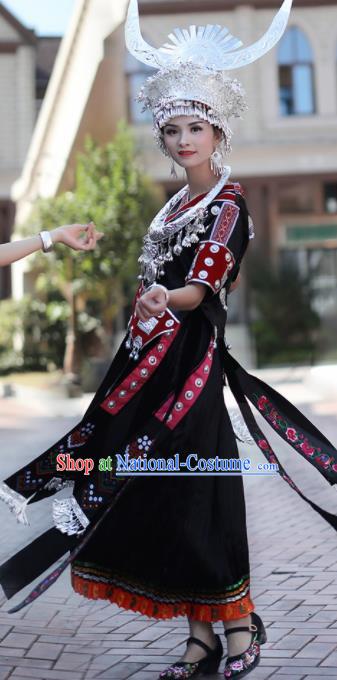 Chinese Traditional Miao Nationality Embroidered Black Dress and Headpiece Ethnic Folk Dance Costume for Women