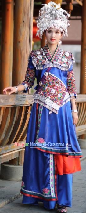 Chinese Traditional Miao Nationality Embroidered Blue Dress and Headpiece Ethnic Folk Dance Costume for Women