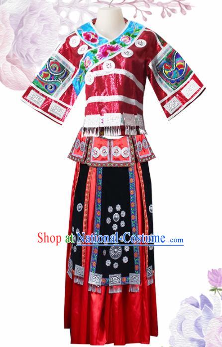 Chinese Traditional Guangxi Miao Nationality Wedding Embroidered Red Dress Ethnic Folk Dance Costume for Women