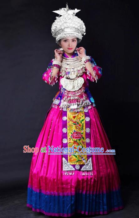 Chinese Traditional Xiangxi Miao Nationality Wedding Embroidered Rosy Dress Ethnic Folk Dance Costume and Headpiece for Women