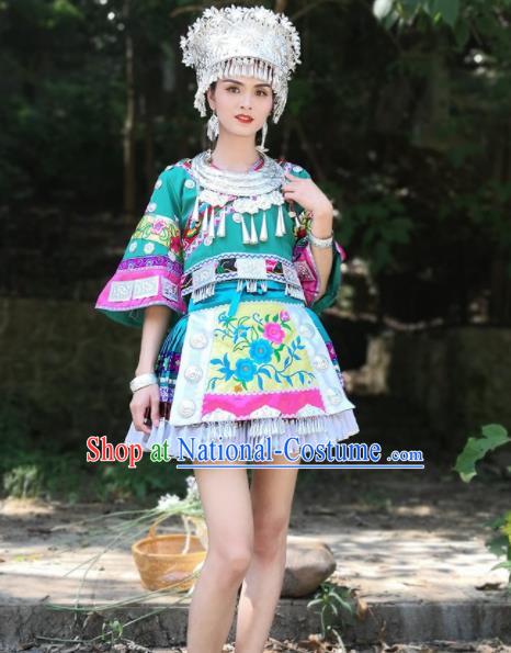 Chinese Traditional Xiangxi Miao Nationality Embroidered Green Short Dress Ethnic Folk Dance Costume and Headpiece for Women