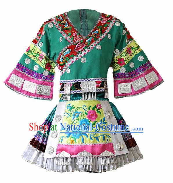 Chinese Traditional Xiangxi Miao Nationality Embroidered Green Short Dress Ethnic Folk Dance Costume and Headpiece for Women