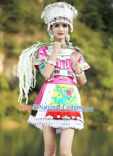 Chinese Traditional Xiangxi Miao Nationality Embroidered Pink Short Dress Ethnic Folk Dance Costume and Headpiece for Women