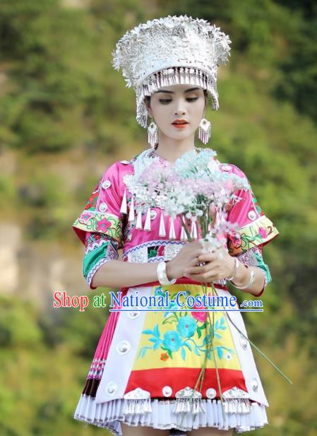 Chinese Traditional Xiangxi Miao Nationality Embroidered Pink Short Dress Ethnic Folk Dance Costume and Headpiece for Women