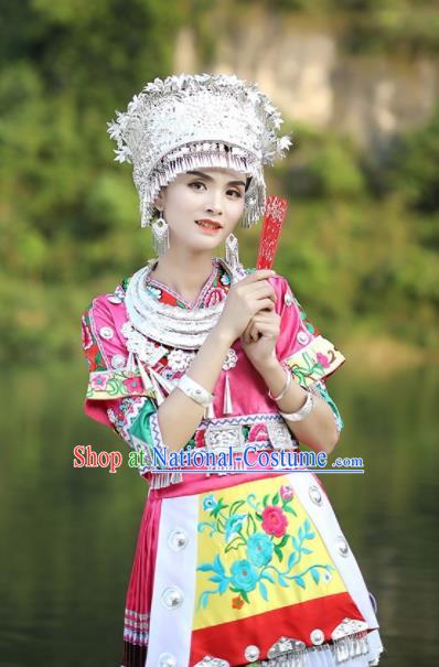 Chinese Traditional Xiangxi Miao Nationality Embroidered Pink Short Dress Ethnic Folk Dance Costume and Headpiece for Women