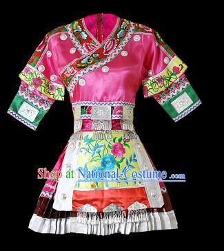 Chinese Traditional Xiangxi Miao Nationality Embroidered Pink Short Dress Ethnic Folk Dance Costume and Headpiece for Women