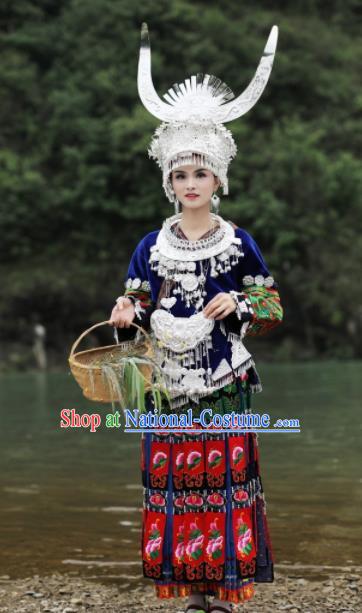 Chinese Traditional Xiangxi Miao Nationality Embroidered Deep Blue Dress Ethnic Folk Dance Costume and Headpiece for Women