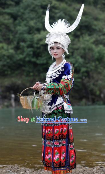 Chinese Traditional Xiangxi Miao Nationality Embroidered Deep Blue Dress Ethnic Folk Dance Costume and Headpiece for Women