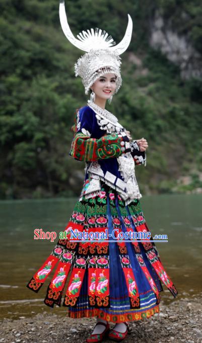 Chinese Traditional Xiangxi Miao Nationality Embroidered Deep Blue Dress Ethnic Folk Dance Costume and Headpiece for Women